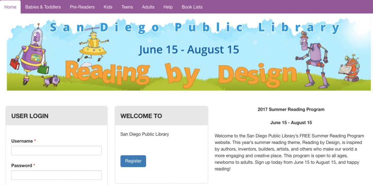 Screenshot of San Diego Public Library 2017 Summer Reading Program Website